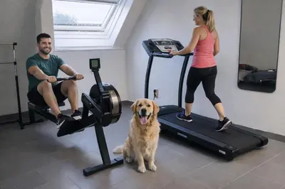 a man and a woman and a dog in the gym at Fitness loft 50 m2 in Zemst