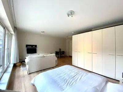 a bedroom with a white bed and a white couch at Studio hypercentre Bruxelles in Brussels